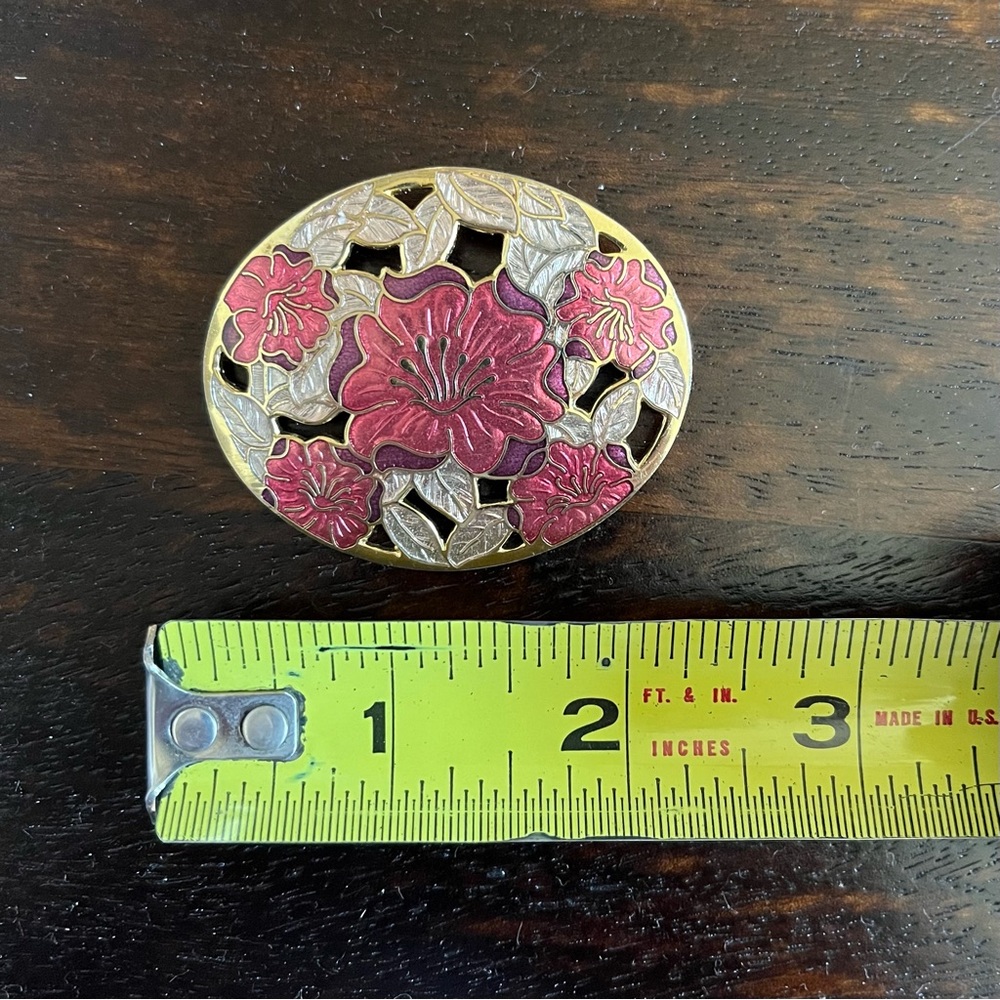 Fish and Crown Oval Gold Tone Cloisonne Floral Brooch with Cutouts - Picture 2 of 5